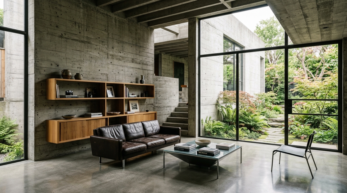 Ascot Block — living space with polished concrete floor and steel-framed glazing