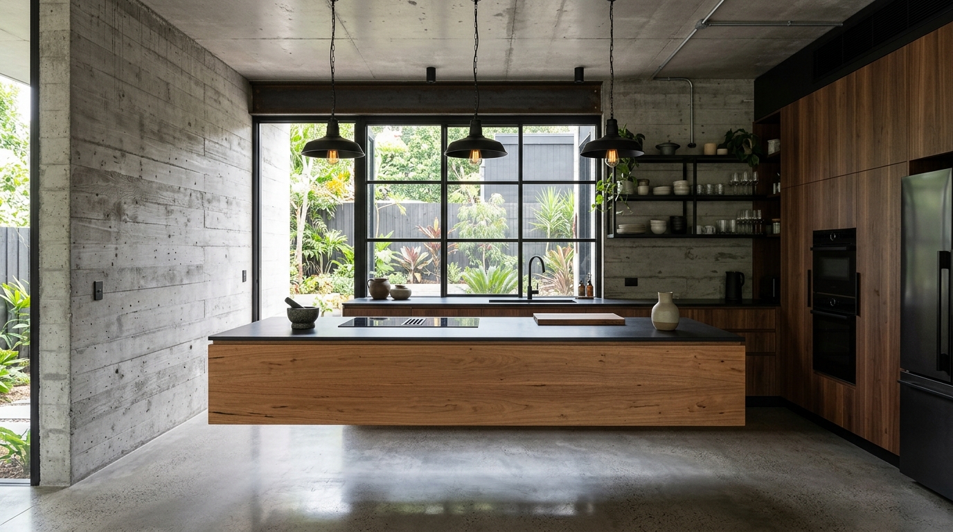 Ascot Block — kitchen with blackbutt island floating against raw concrete