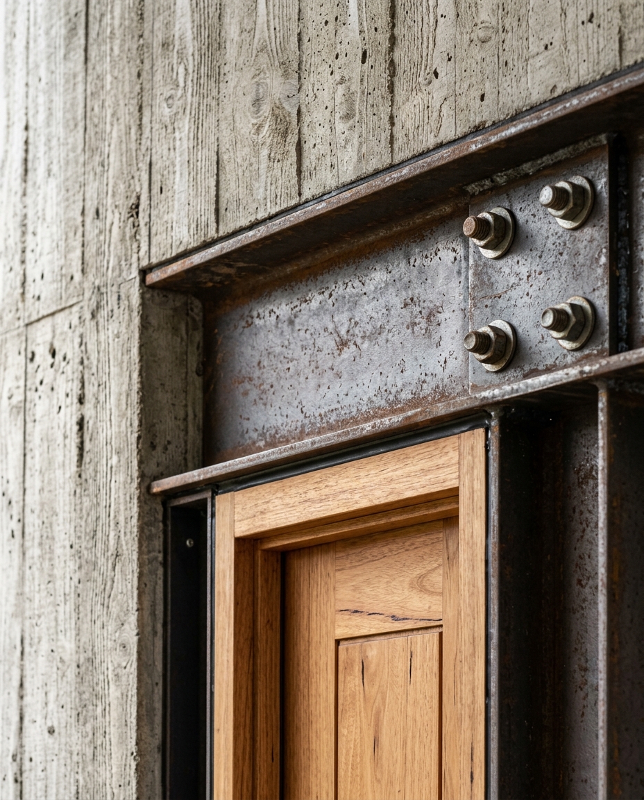 Ascot Block — exposed steel lintel detail above a blackbutt door