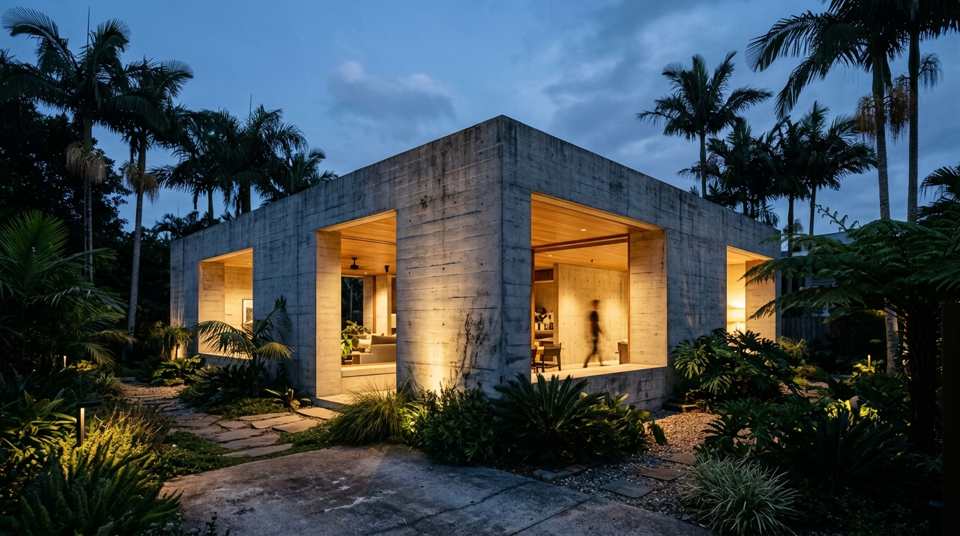 Ascot Block — evening exterior showing warm light through concrete voids