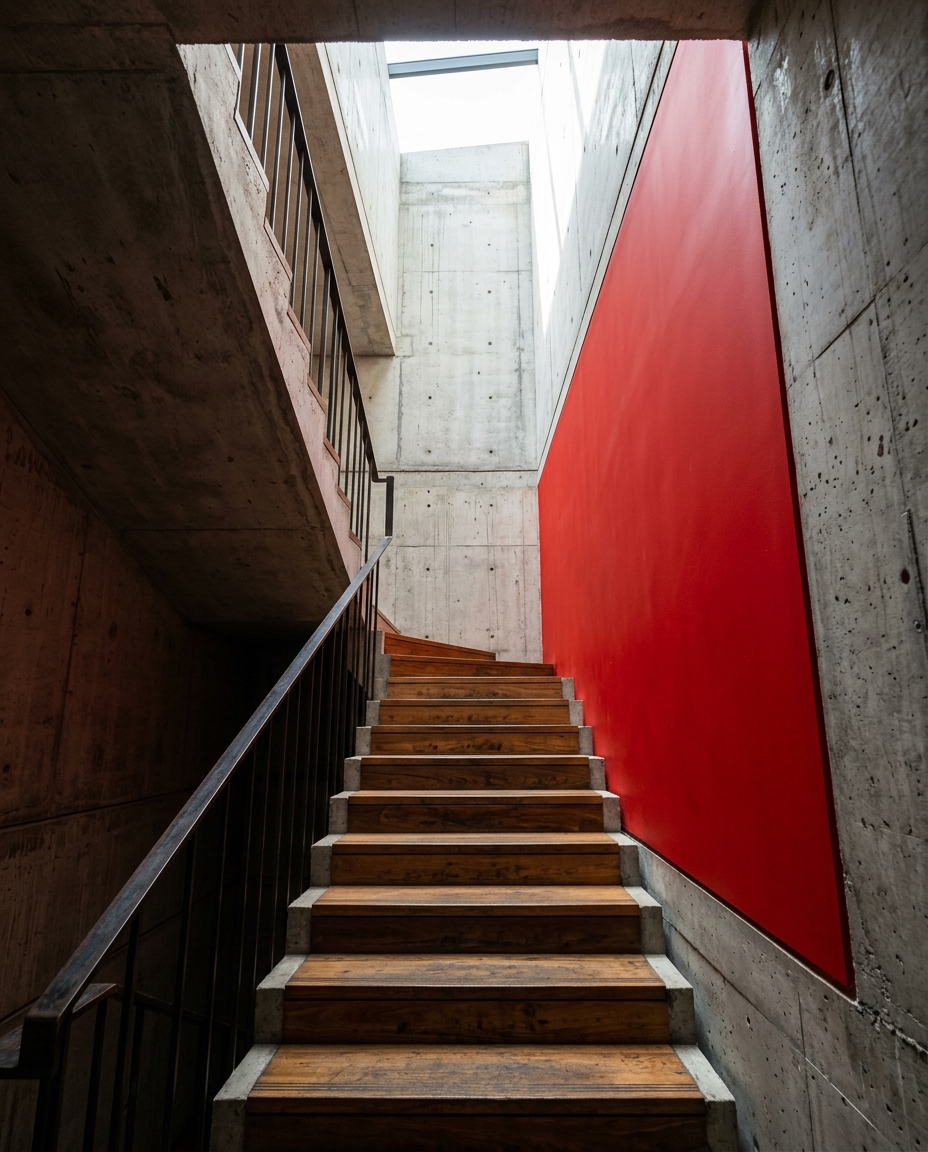 Fortitude Signal — interior with red-painted stair wall against raw concrete