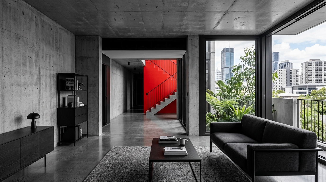 Fortitude Signal — living space in monochrome with the red element visible beyond