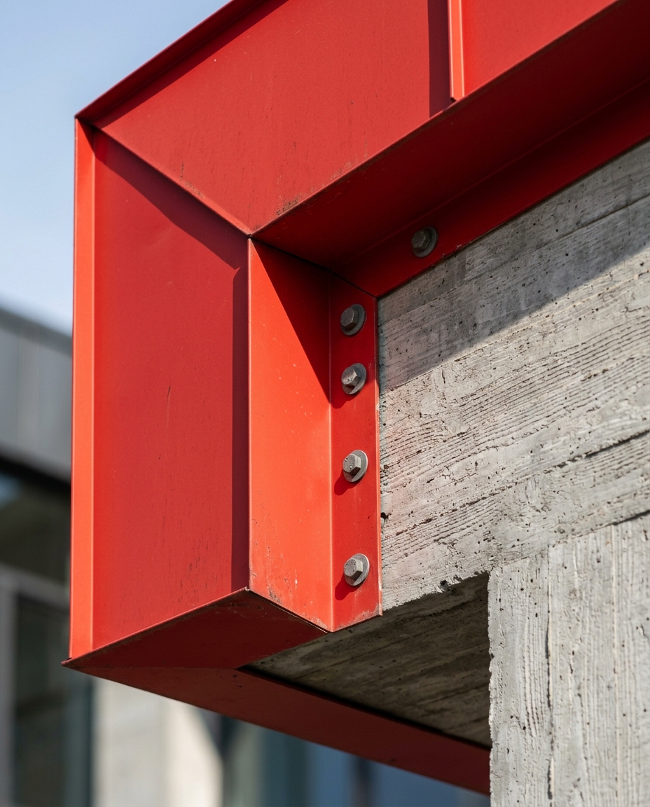 Fortitude Signal — signal-red folded steel cladding detail at cantilever