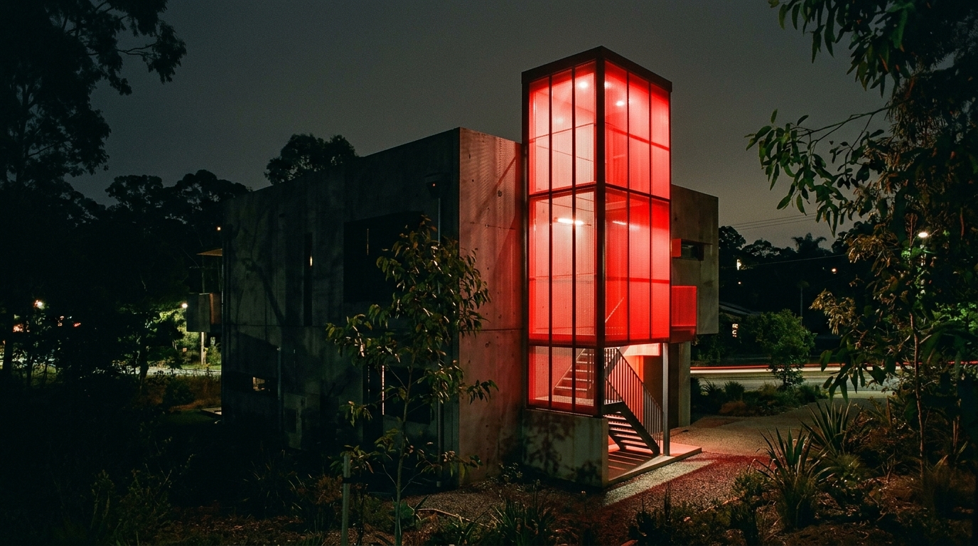 Fortitude Signal — night exterior with red stair tower glowing as a vertical marker
