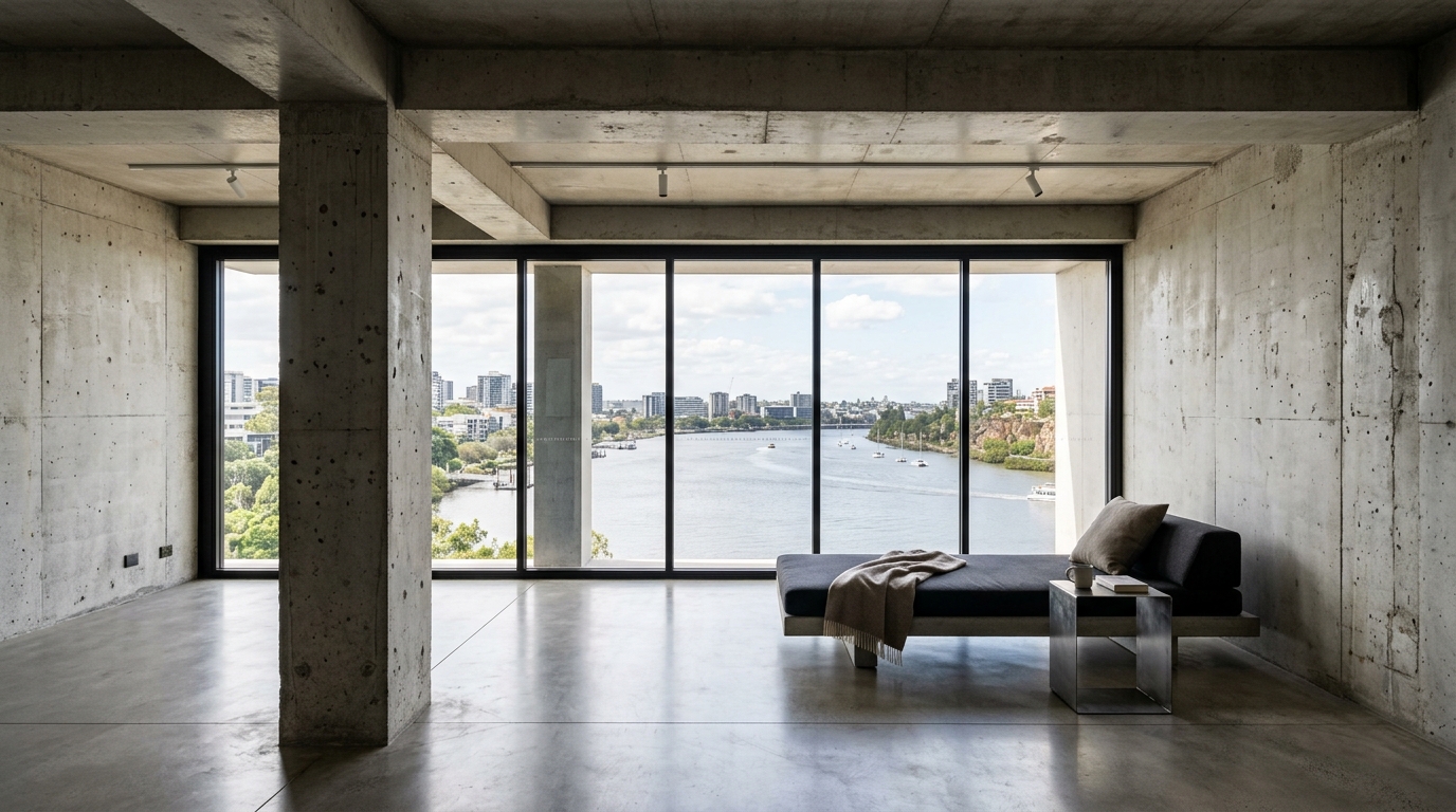 New Farm Grid — interior bay with full-height glass and river view
