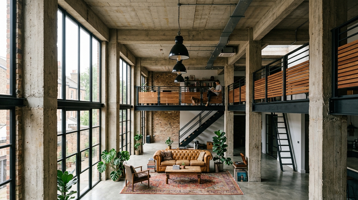 Teneriffe Frame — double-height living space within original warehouse bays