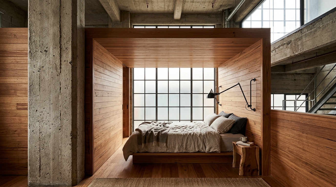 Teneriffe Frame — blackbutt-lined bedroom pod slotted between concrete columns