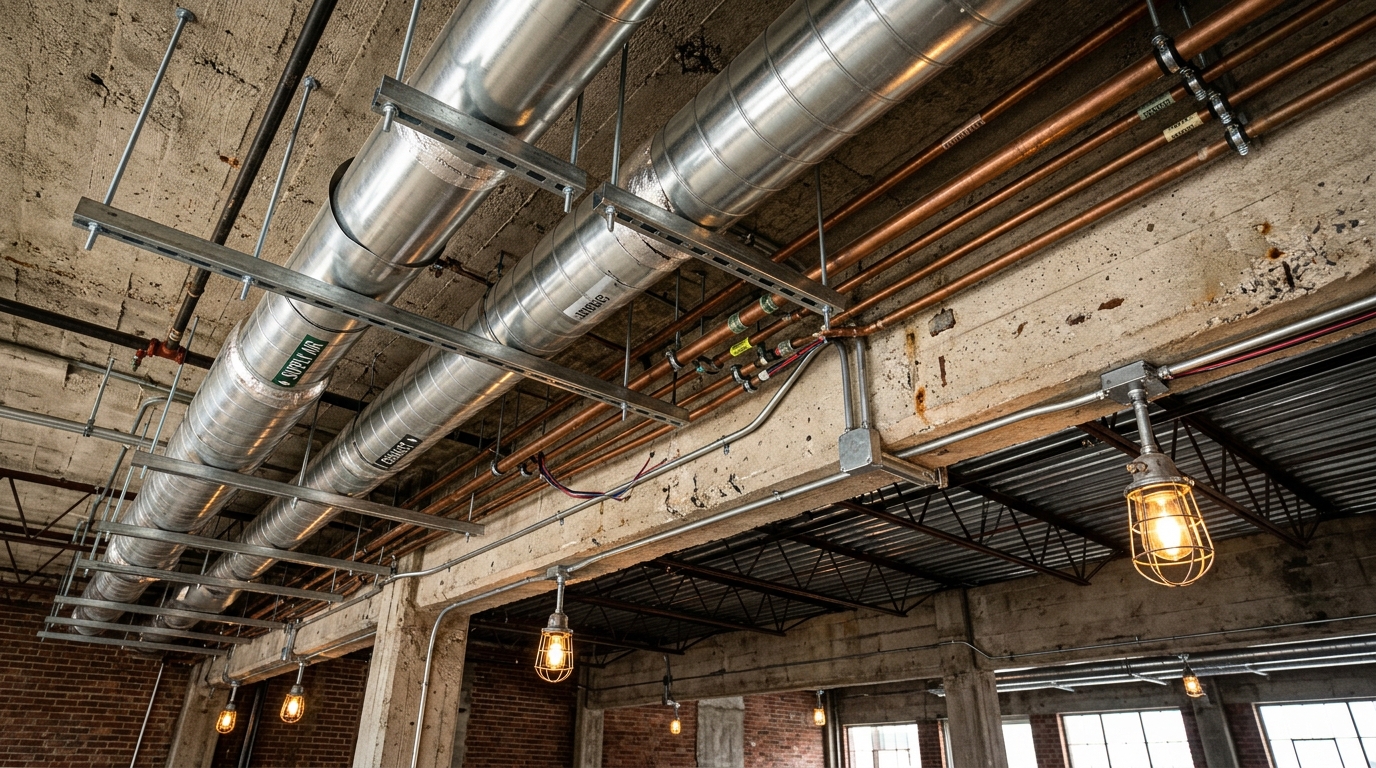 Teneriffe Frame — exposed services and industrial pendant lighting