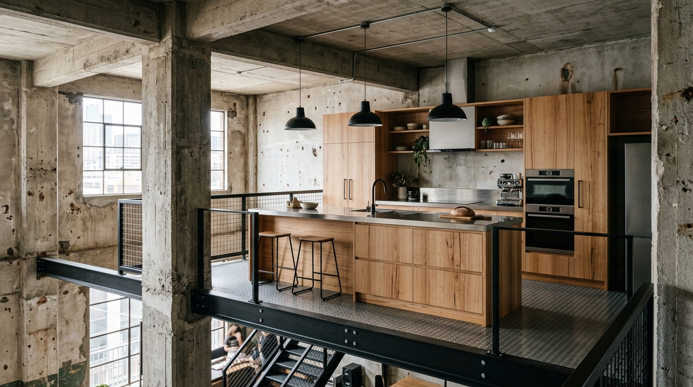 Teneriffe Frame — kitchen on new steel mezzanine with original concrete above